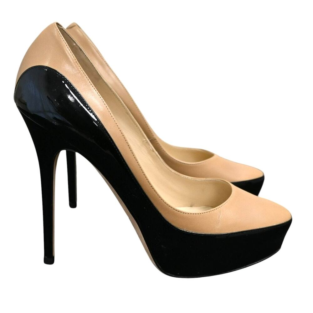 Jimmy Choo Sepia Tan Leather Black Patent Colorblock Platform Pumps Size 39